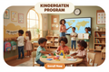 Create a clean and structured daycare product image for a Kindergarten Program. Show children preparing for school, working together at tables, organizing backpacks, and engaging in guided learning.

Add clear overlay text “KINDERGARTEN PROGRAM” and “Enroll Now”.

Style should reflect school readiness, independence, and confidence while remaining warm and welcoming.