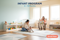 Create a clean, professional daycare product image for an Infant Program. Show a calm, nurturing infant room with soft colors, safe toys, and caring educators interacting gently with babies. Use warm lighting and a peaceful atmosphere.

Add clear overlay text that reads “INFANT PROGRAM”, “6–19 Months”, and a visible call-to-action “Enroll Now”.

Design should feel safe, premium, family-friendly, and trustworthy. Layout must be uncluttered and easy to read.