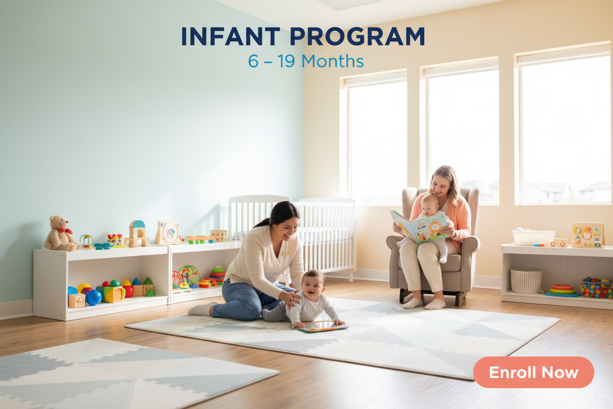 Create a clean, professional daycare product image for an Infant Program. Show a calm, nurturing infant room with soft colors, safe toys, and caring educators interacting gently with babies. Use warm lighting and a peaceful atmosphere.

Add clear overlay text that reads “INFANT PROGRAM”, “6–19 Months”, and a visible call-to-action “Enroll Now”.

Design should feel safe, premium, family-friendly, and trustworthy. Layout must be uncluttered and easy to read.