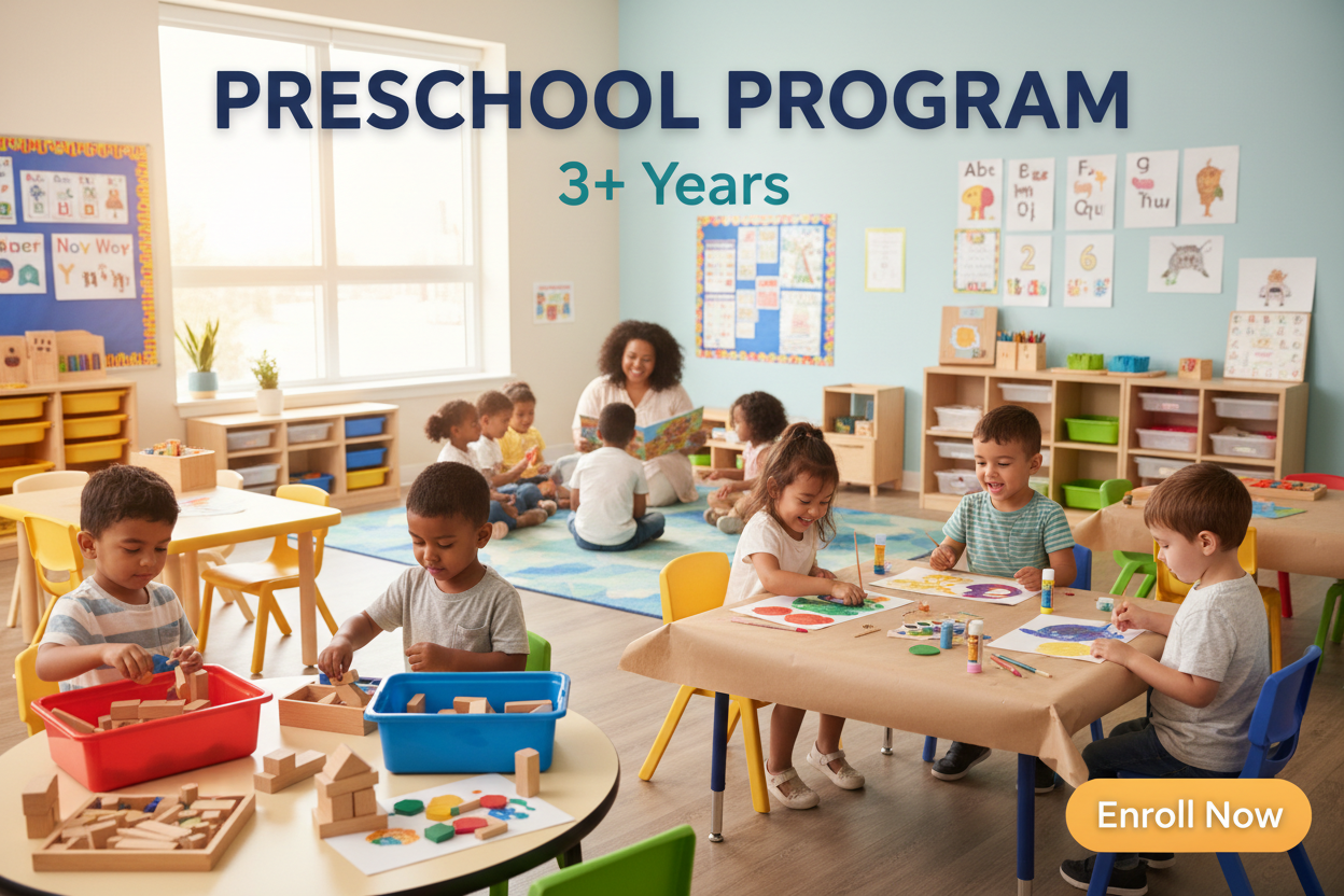 Create a professional daycare product image for a Preschool Program. Show children engaged in learning centers, art activities, and group time with educators.
Include overlay text “PRESCHOOL PROGRAM”, “3+ Years”, and “Enroll Now”.
Design should communicate early learning, confidence building, and kindergarten readiness with a clean, premium look.