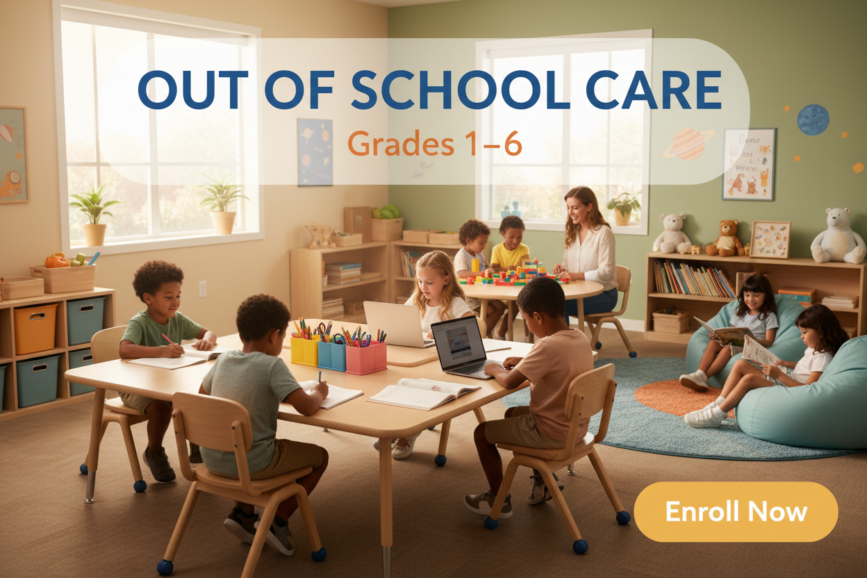 Create a professional daycare product image for Out of School Care. Show school-age children doing homework, relaxing, and participating in supervised activities in a safe classroom setting.
Add overlay text “OUT OF SCHOOL CARE”, “Grades 1–6”, and “Enroll Now”.
Design should feel organized, safe, and welcoming for working families, optimized for trust and conversions.